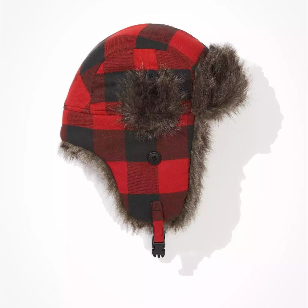 American Eagle Outfitters Red and Black Plaid Trapper Hat